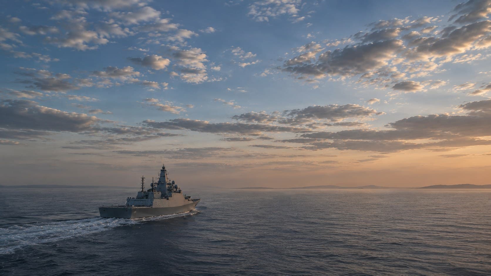 Naval vessel at sea during golden hour, representing Microplasma's maritime heritage