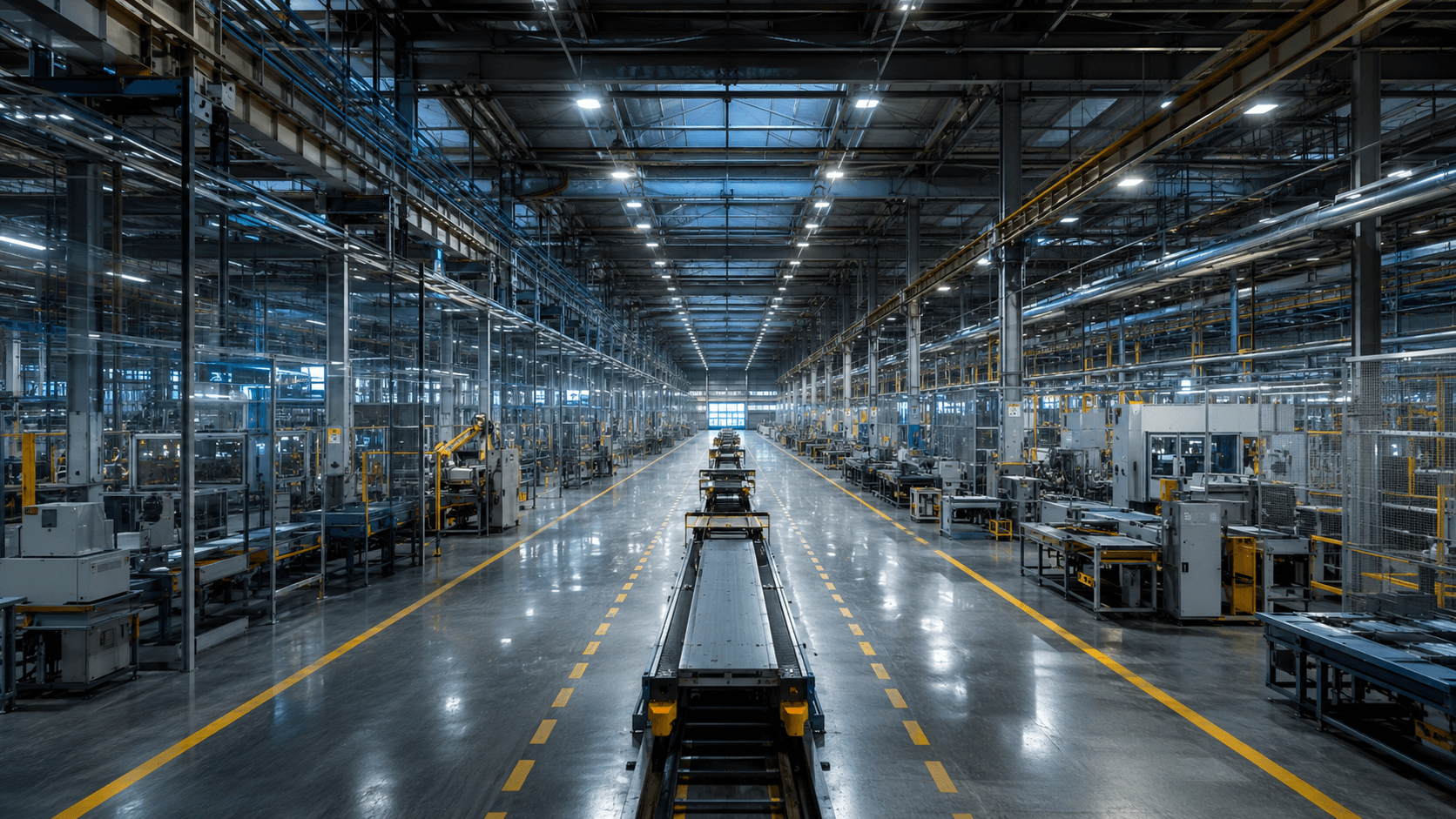 Interior view of a modern manufacturing facility with a central production line