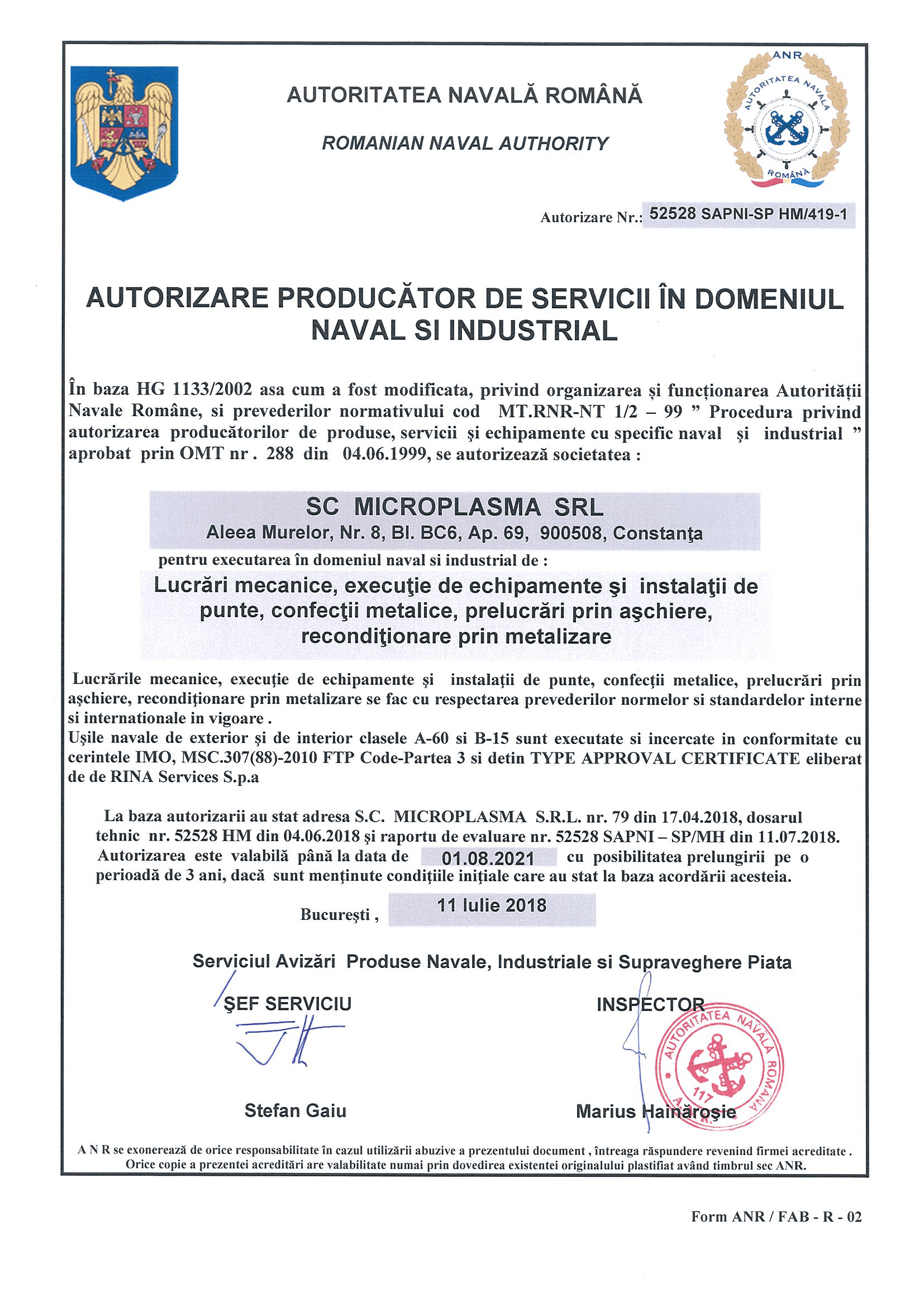 Naval & Industrial Service Producer Authorization