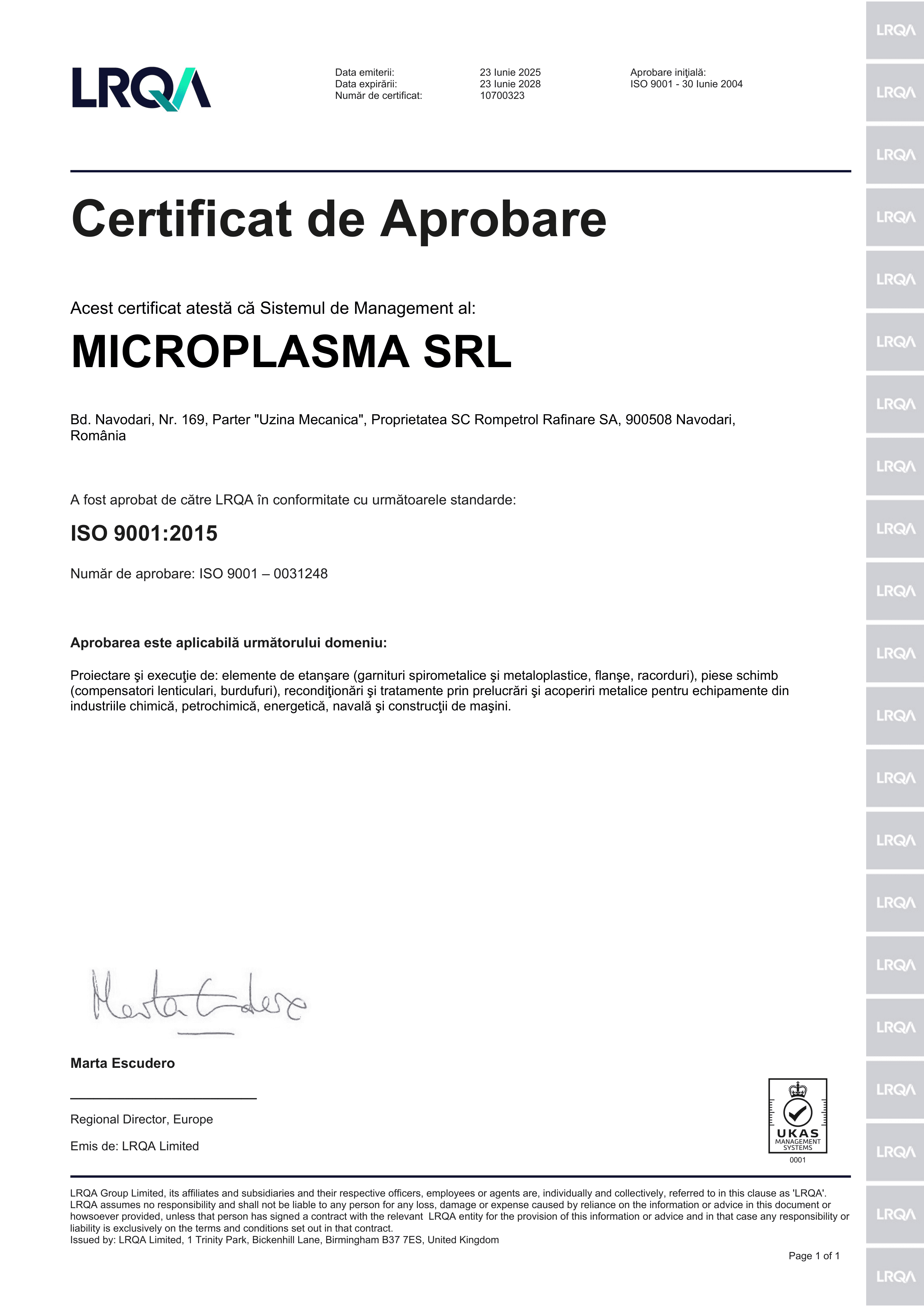 Certificat de Aprobare ISO 9001:2015