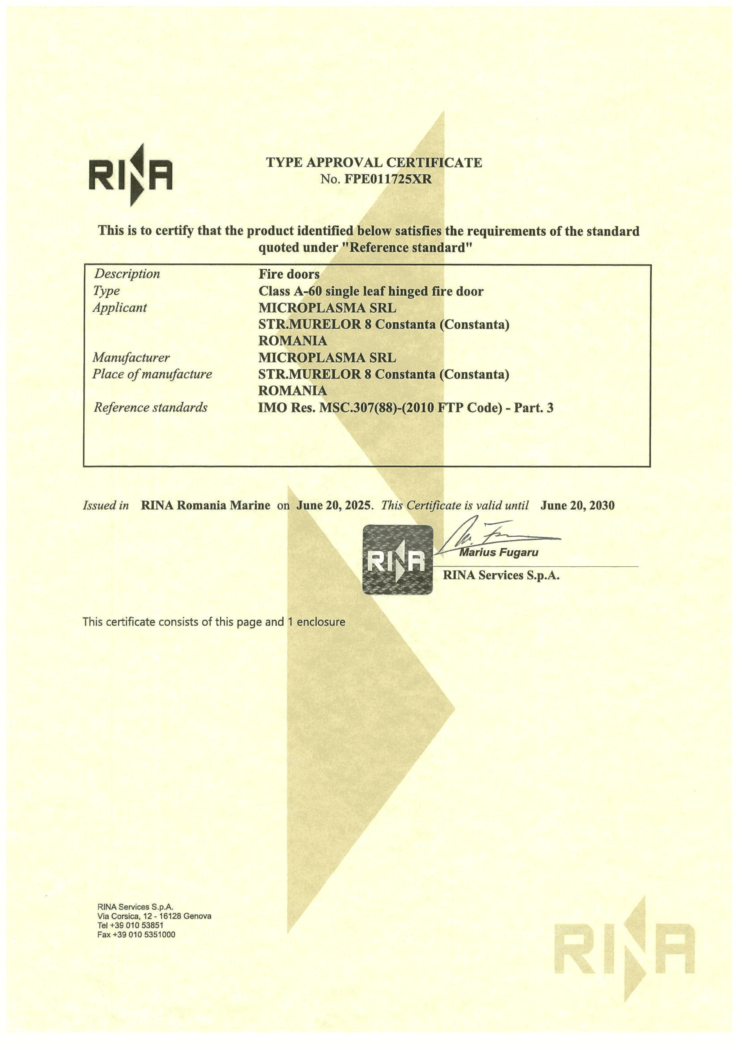 Type Approval Certificate — Class A-60 Fire Door