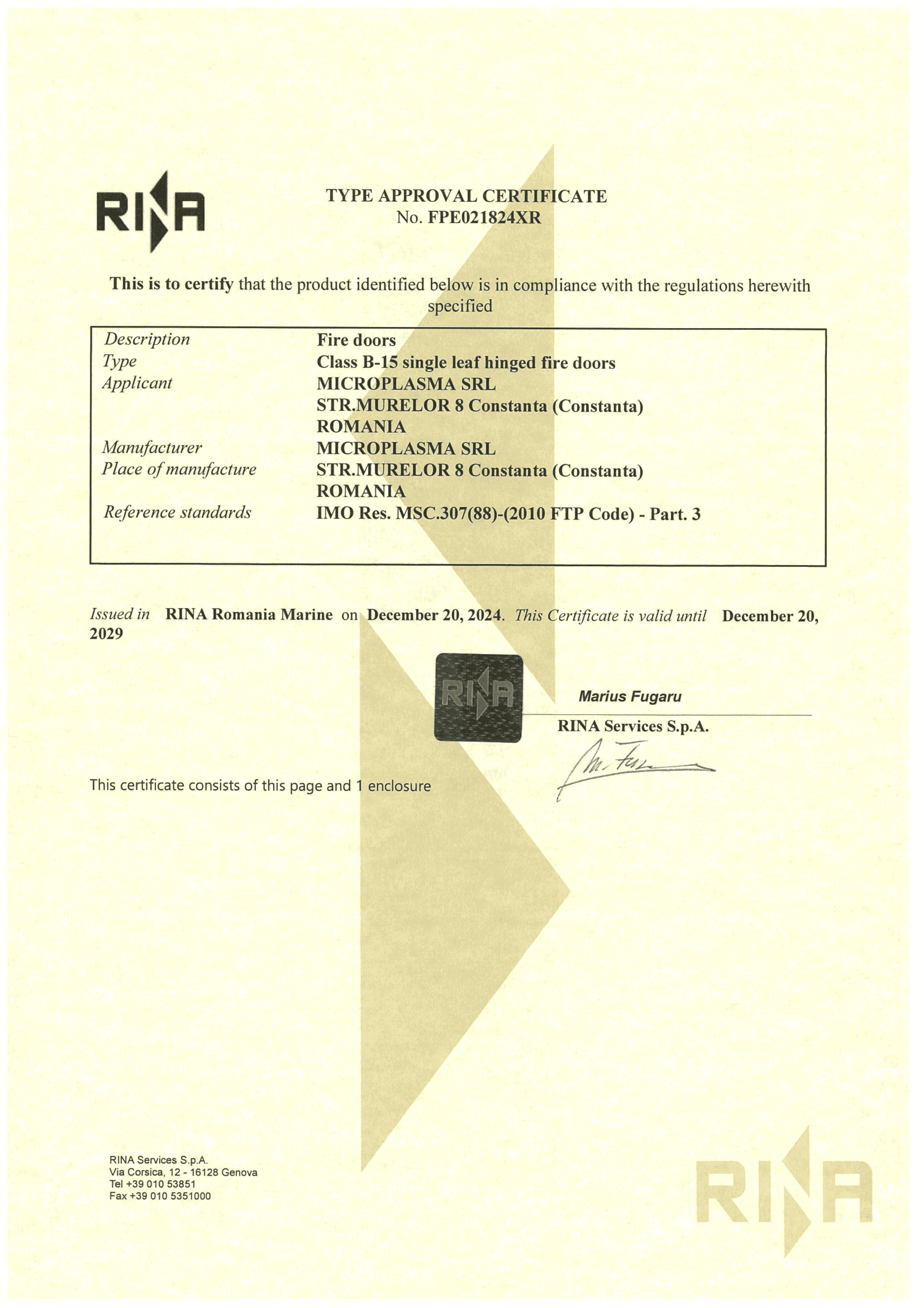 Type Approval Certificate — Class B-15 Fire Door