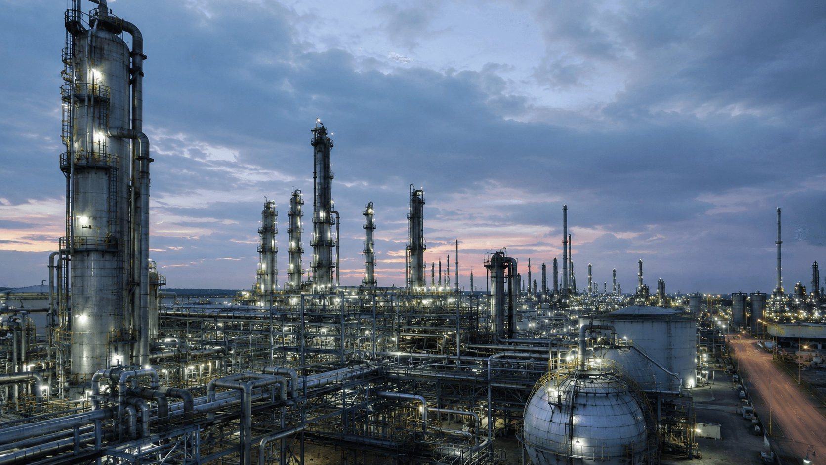 Petrochemical refinery complex with steel piping and distillation towers
