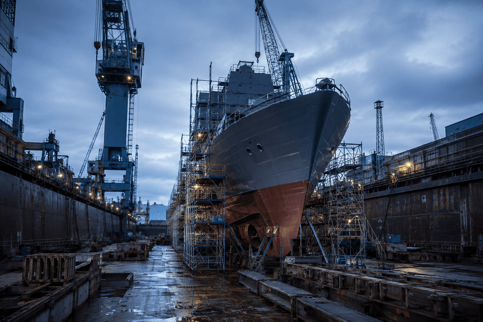 Naval shipyard with a vessel under construction, steel plating and dockside cranes